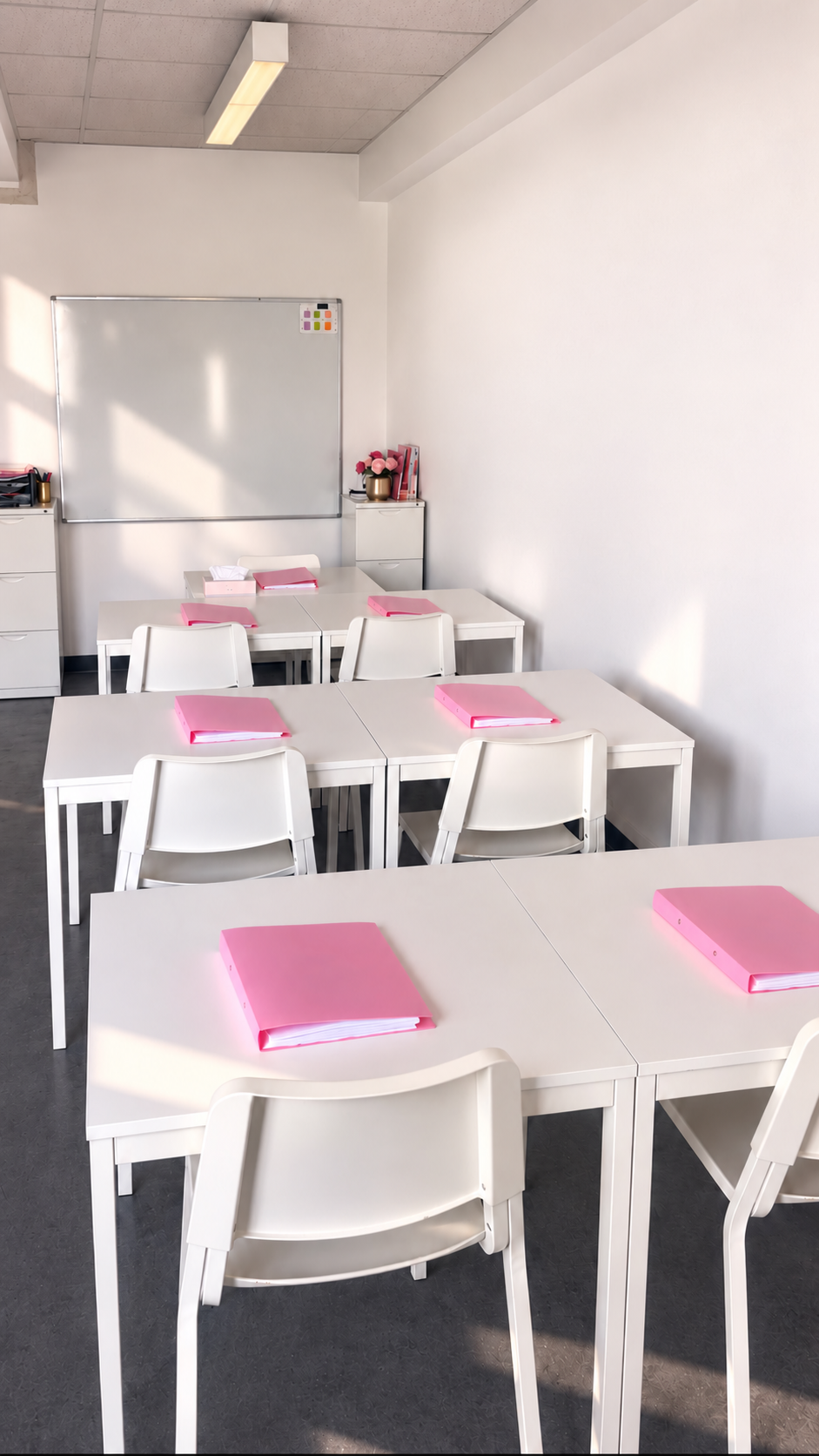 Salle de formation avec tables blanches, dossiers roses et tableau blanc