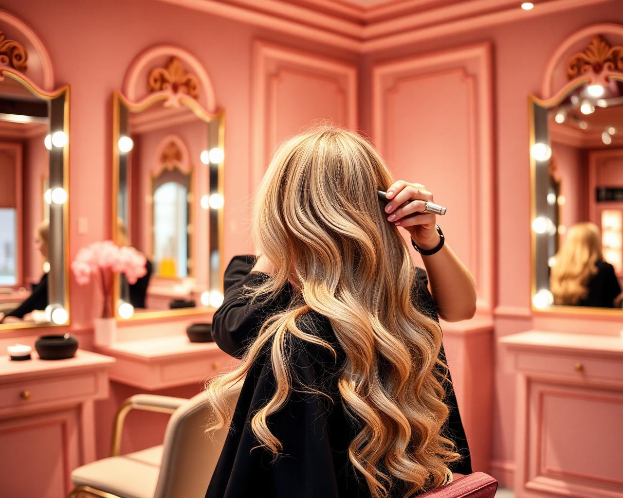 Coiffeuse professionnelle réalisant un brushing soigné sur cheveux blonds ondulés au salon