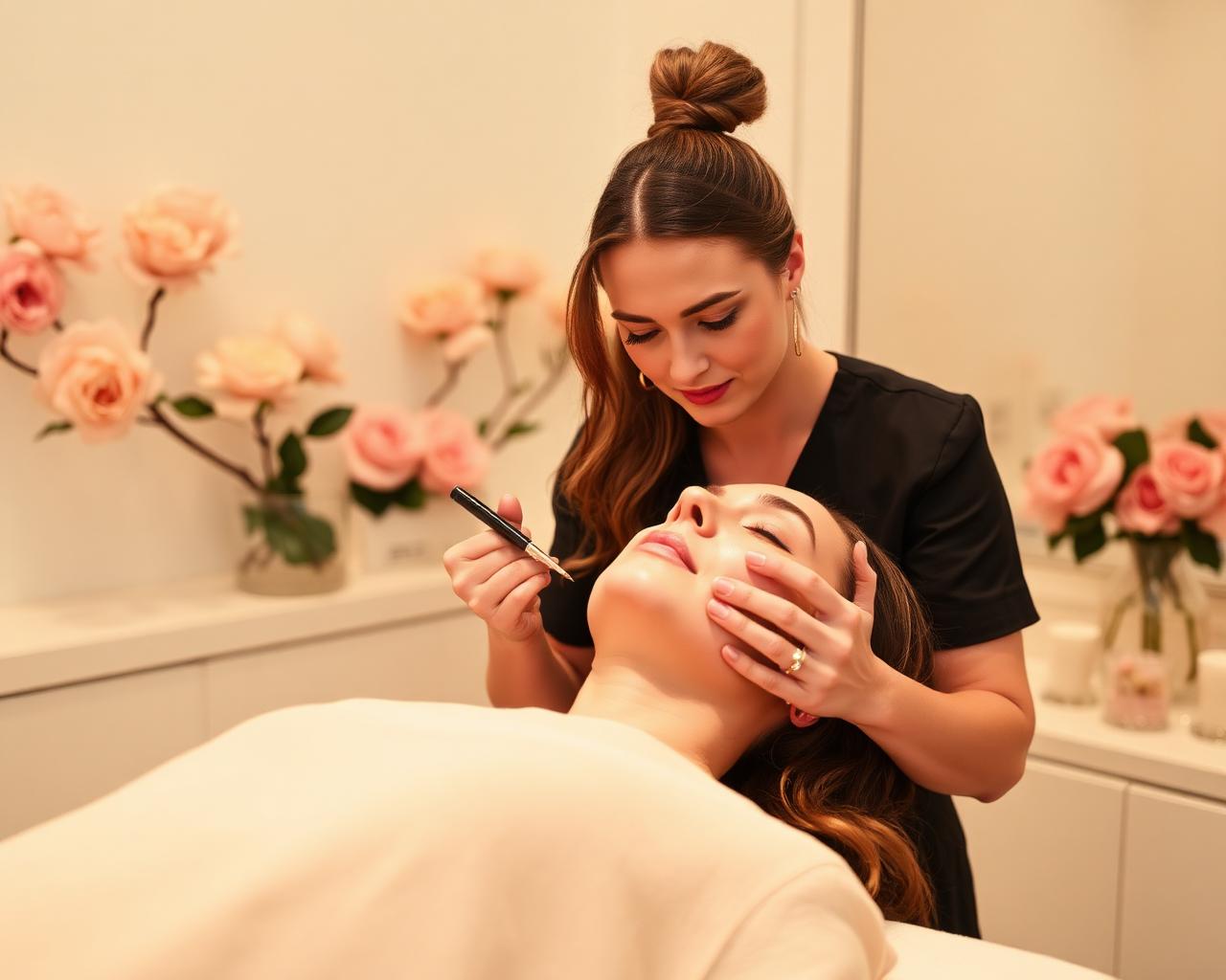Esthéticienne prodiguant un soin du visage éclat à une cliente en cabine de soins
